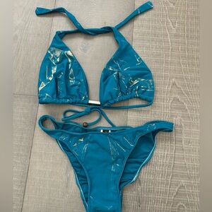 PurSuit Teal and Gold Lame String Bikini Large Top Medium Bottom